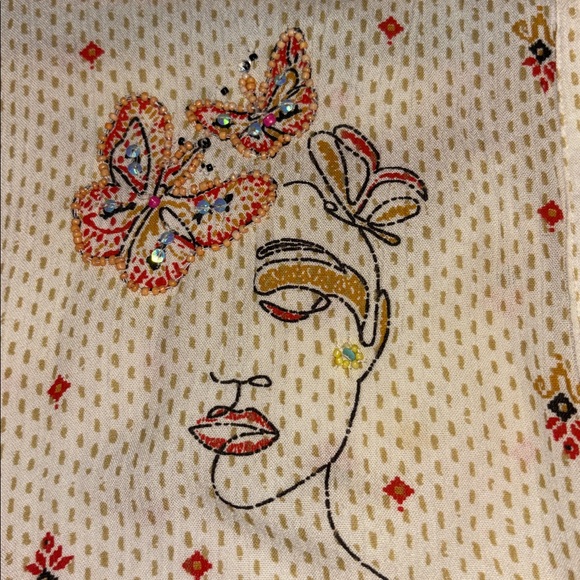 JUNIPER BRAND BEIGE RED MUSTARD YELLOW COLOR BLOUSE BEADED FACE DESIGN ON FRONT - Picture 2 of 16